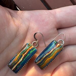 Rainbow Calsilica Rectangle Sterling Silver Navajo RB Sign Earrings 6.9